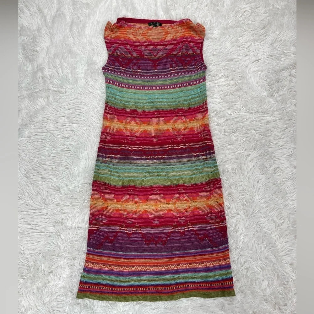 Lauren Ralph Lauren Linen Blend Knit Sleeveless Mini Dress Party Artsy Tropical